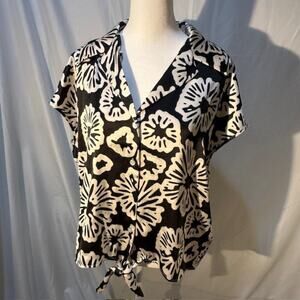 Rachel Zoe Black & White Satin Button & Tie‑Front Blouse Top Women’s Size M NWT